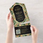 Retro groene gouden marmeren Art Deco QR-code brui All In One Uitnodiging (Afscheurbaar)