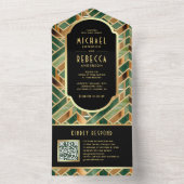 Retro groene gouden marmeren Art Deco QR-code brui All In One Uitnodiging (Binnen)