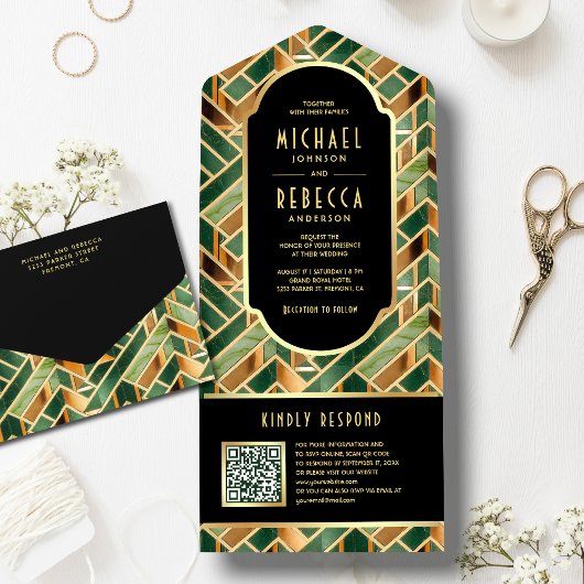 Retro groene gouden marmeren Art Deco QR-code brui All In One Uitnodiging