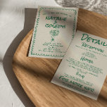 Retro groene hand getekend eigenzinnig alles in éé kaart<br><div class="desc">Deze huwelijksuitnodiging is ideaal voor u, als u op zoek bent naar een stijlvolle, unieke en gemakkelijk bewerkbare all in one Invitation. Een stijlvolle, minimalistische, eigenzinnige bruiloft sjabloon uitnodiging. Wat een gewone crème achtergrond heeft. En met de hand geschreven bruid en bruidegom voornamen in het groen. en bewerkbare info met...</div>