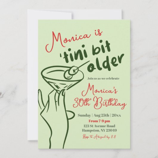 Retro Groene Hand Getrokken Martini 30ste Verjaard Kaart (Voorkant)