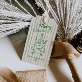 Retro groene handgetekende leuke kerstboom vintage cadeaulabel
