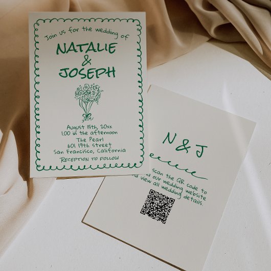 Retro Groene Handgetekende Vreemde QR Code Huwelij Kaart