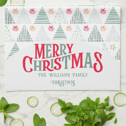 Retro Groene Kerstbomen Modern Abstract Uniek Theedoek (Gevouwen)