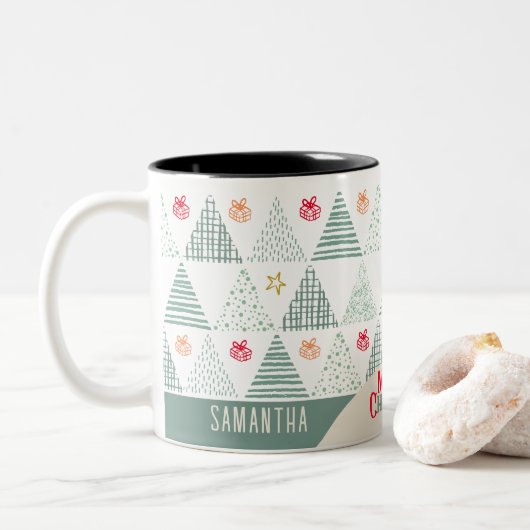 Retro Groene Kerstbomen Modern Abstract Uniek Tweekleurige Koffiemok (Met donut)