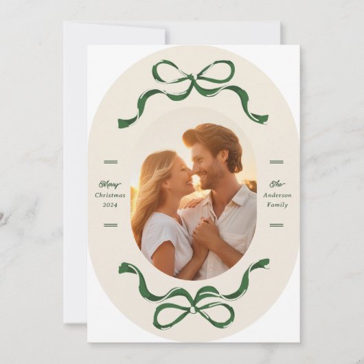 Retro groene linten ovale boog foto Kerstmis Feestdagenkaart (Voorkant)