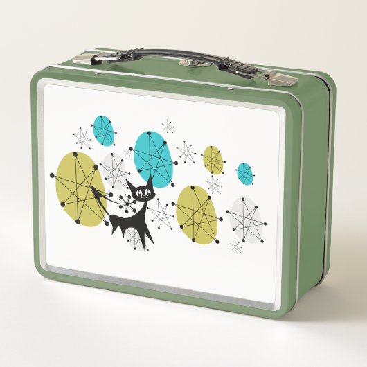 Retro Groene Lunchbox met Atomic Cat (Achterkant)