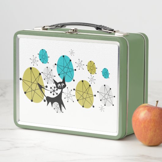 Retro Groene Lunchbox met Atomic Cat (In situ)