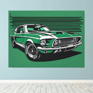 Retro groene muscle car zijpopartillustratie canvas afdruk