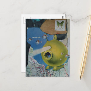 Retro groene onderzeeër vis en mot collage briefkaart