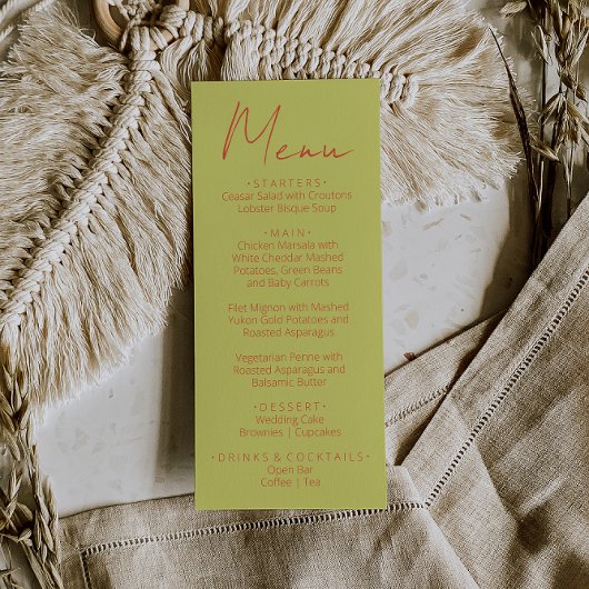 Retro groene oranje handgeschreven trouwmenu menu