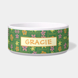 Retro Groene Patchwork Bloem Motief Custom Grote H Voerbakje