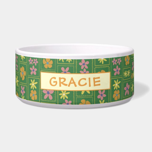 Retro Groene Patchwork Bloem Motief Custom Grote H Voerbakje (Voorkant)