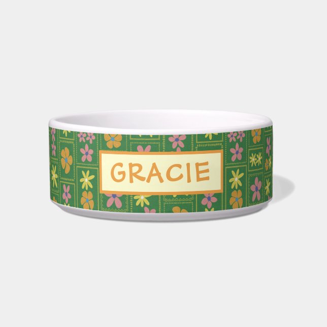 Retro Groene Patchwork Bloem Motief Op Maat Midden Voerbakje (Voorkant)