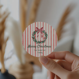 Retro Groene Rode Hand Getrokken Bow Krans Kerstmi Ronde Sticker