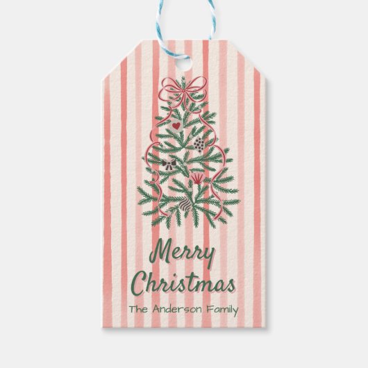 Retro Groene Rode Hand Getrokken Linten Boom Kerst Cadeaulabel (Voorkant)