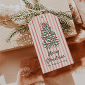 Retro Groene Rode Hand Getrokken Linten Boom Kerst Cadeaulabel