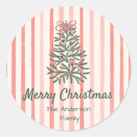 Retro Groene Rode Hand Getrokken Linten Boom Kerst Ronde Sticker (Voorkant)