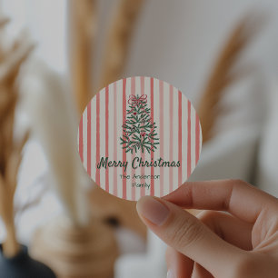 Retro Groene Rode Hand Getrokken Linten Boom Kerst Ronde Sticker