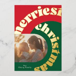 retro groene rode vetgedrukte kerst twee foto vlak folie feestdagenkaart