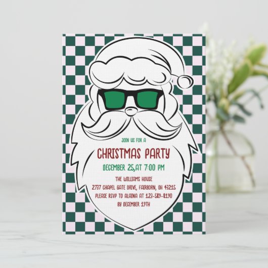 Retro groene roze geruite kerstman kerstfeest kaart (Staand voorkant)