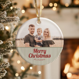 Retro Groene Strepen Rood Vrolijk Kerstfeest Keramisch Ornament