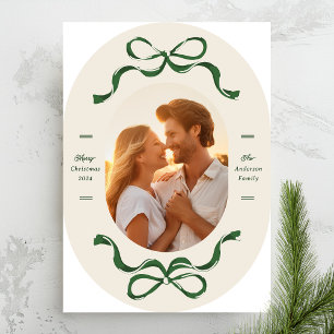 Retro groene strikken ovale boog foto Kerstmis Feestdagenkaart