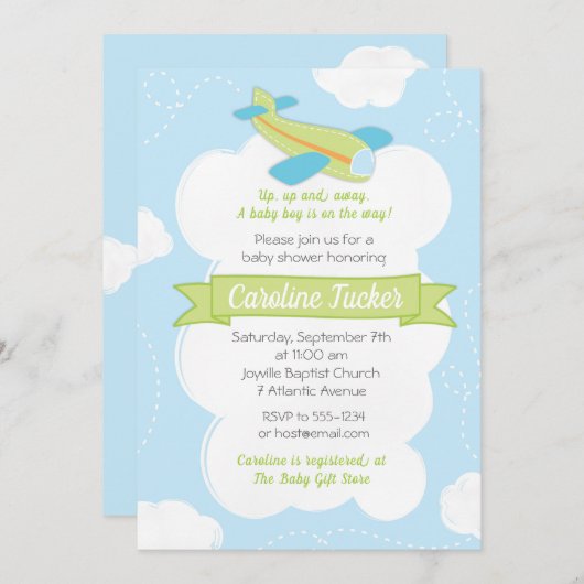 Retro groene vliegtuig babyshower uitnodiging (Voorkant / Achterkant)