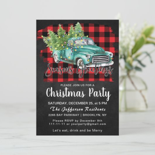 Retro Groene Vrachtwagen Buffel Plaid Kerstfeest Kaart (Staand voorkant)