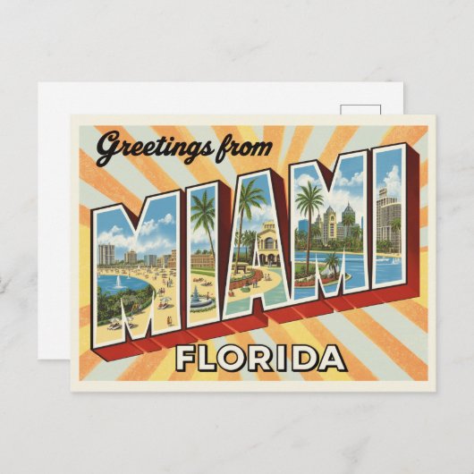 Retro "Groeten uit Miami, Florida" Sunburst Briefkaart (Voorkant / Achterkant)