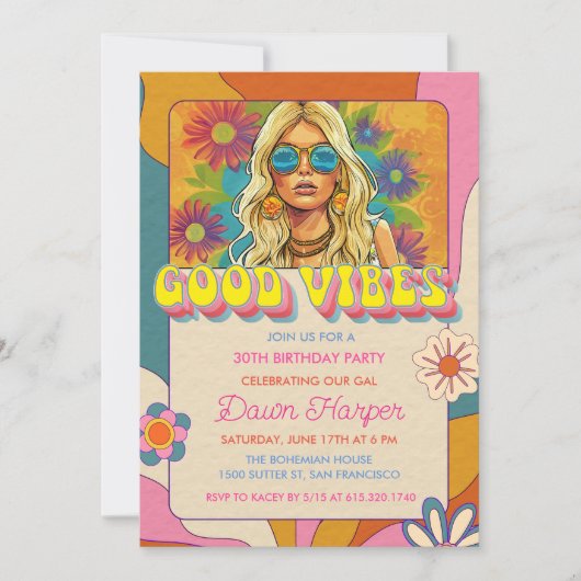 Retro Groovy 1960s Hippie thema uitnodiging (Voorkant)