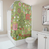 retro groovy 1970 disco christmas tree green check douchegordijn (In situ)