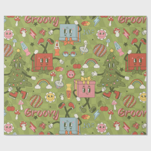 retro groovy 1970 disco kerstboom groen check cadeaupapier