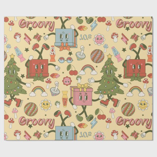 retro groovy 1970s disco christmas tree cadeaupapier (Vlak)