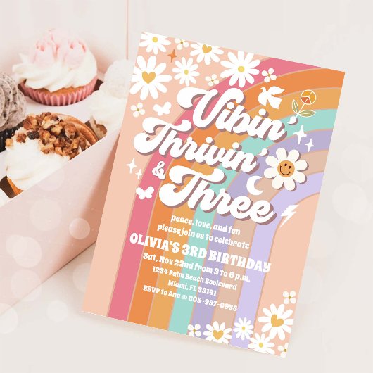 Retro Groovy 3e verjaardagsuitnodiging Kaart