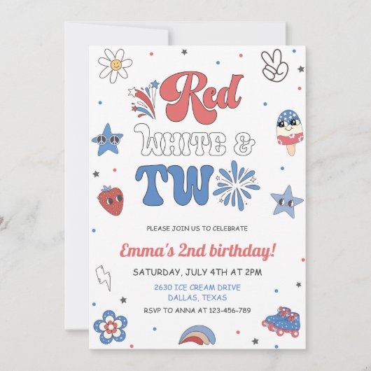 Retro Groovy 4 van juli Verjaardagsuitnodiging Kaart (Voorkant)