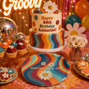 Retro Groovy 50e verjaardag aangepaste naam Papieren Bordje
