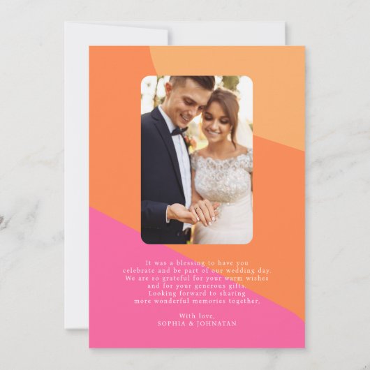 Retro groovy 70's 2 foto roze sinaasappel bruiloft bedankkaart (Achterkant)