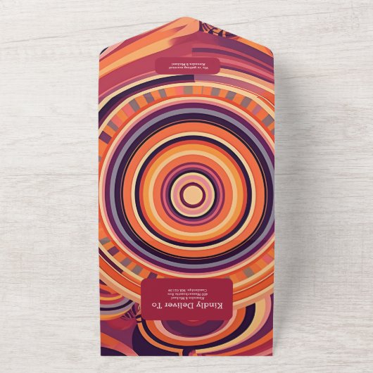 Retro Groovy 70s abstracte patroonbruiloft All In One Uitnodiging (Buitenkant)