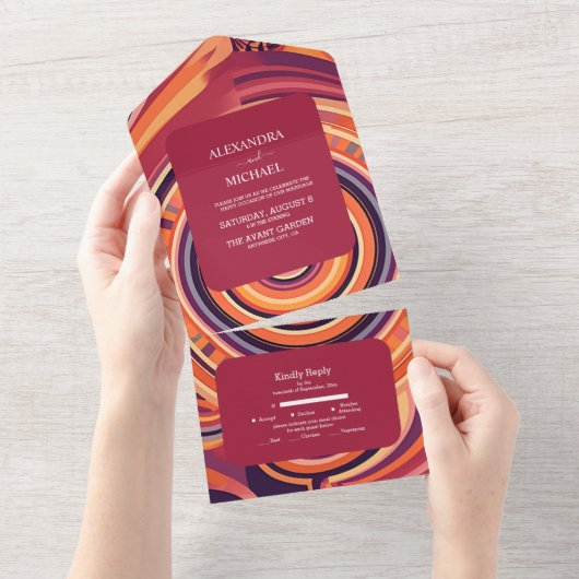 Retro Groovy 70s abstracte patroonbruiloft All In One Uitnodiging (Afscheurbaar)