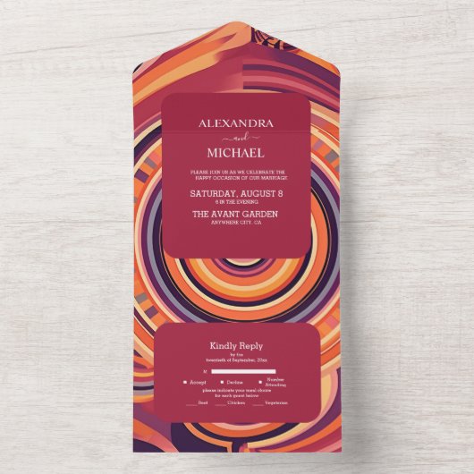 Retro Groovy 70s abstracte patroonbruiloft All In One Uitnodiging (Binnen)