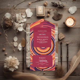 Retro Groovy 70s abstracte patroonbruiloft All In One Uitnodiging