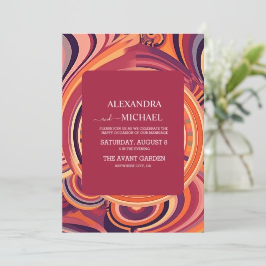 Retro Groovy 70s abstracte patroonbruiloft Kaart (Staand voorkant)