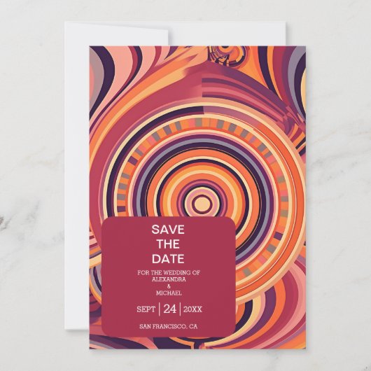 Retro Groovy 70s abstracte patroonbruiloft Save The Date (Voorkant)