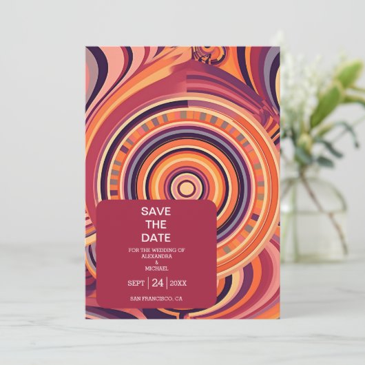 Retro Groovy 70s abstracte patroonbruiloft Save The Date (Staand voorkant)