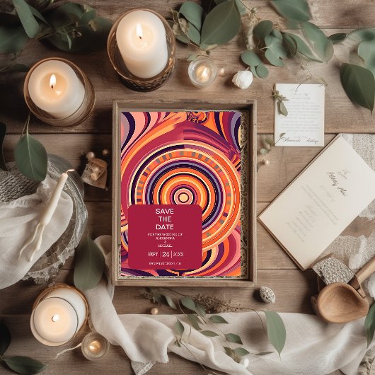 Retro Groovy 70s abstracte patroonbruiloft Save The Date