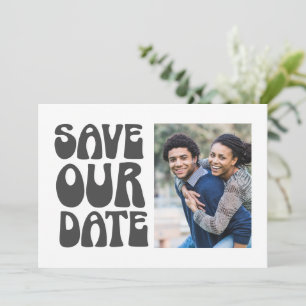 Retro Groovy 70s Black White Photo Wedding Save The Date