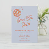 Retro Groovy 70s Blue Ivory Sinaasappel Disco Foto Save The Date (Staand voorkant)