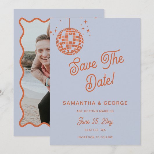 Retro Groovy 70s Blue Ivory Sinaasappel Disco Foto Save The Date (Voorkant / Achterkant)