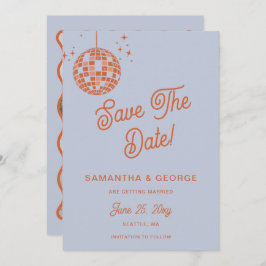 Retro Groovy 70s Blue Ivory Sinaasappel Disco Foto Save The Date